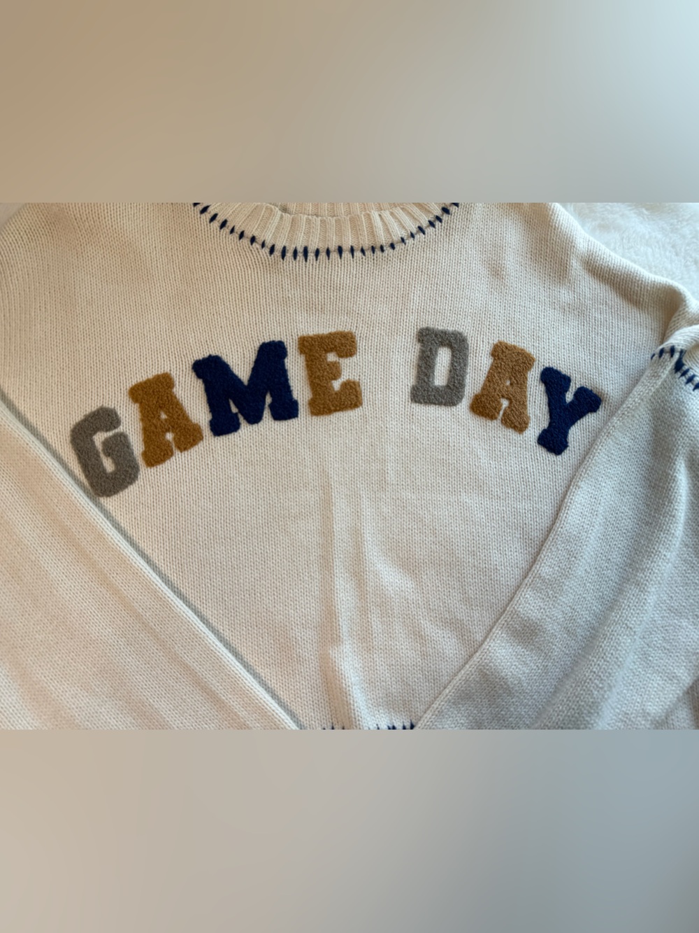 Jessica Simpson Cream Knit 'GAME DAY' Pullover with Navy & Gold Letters